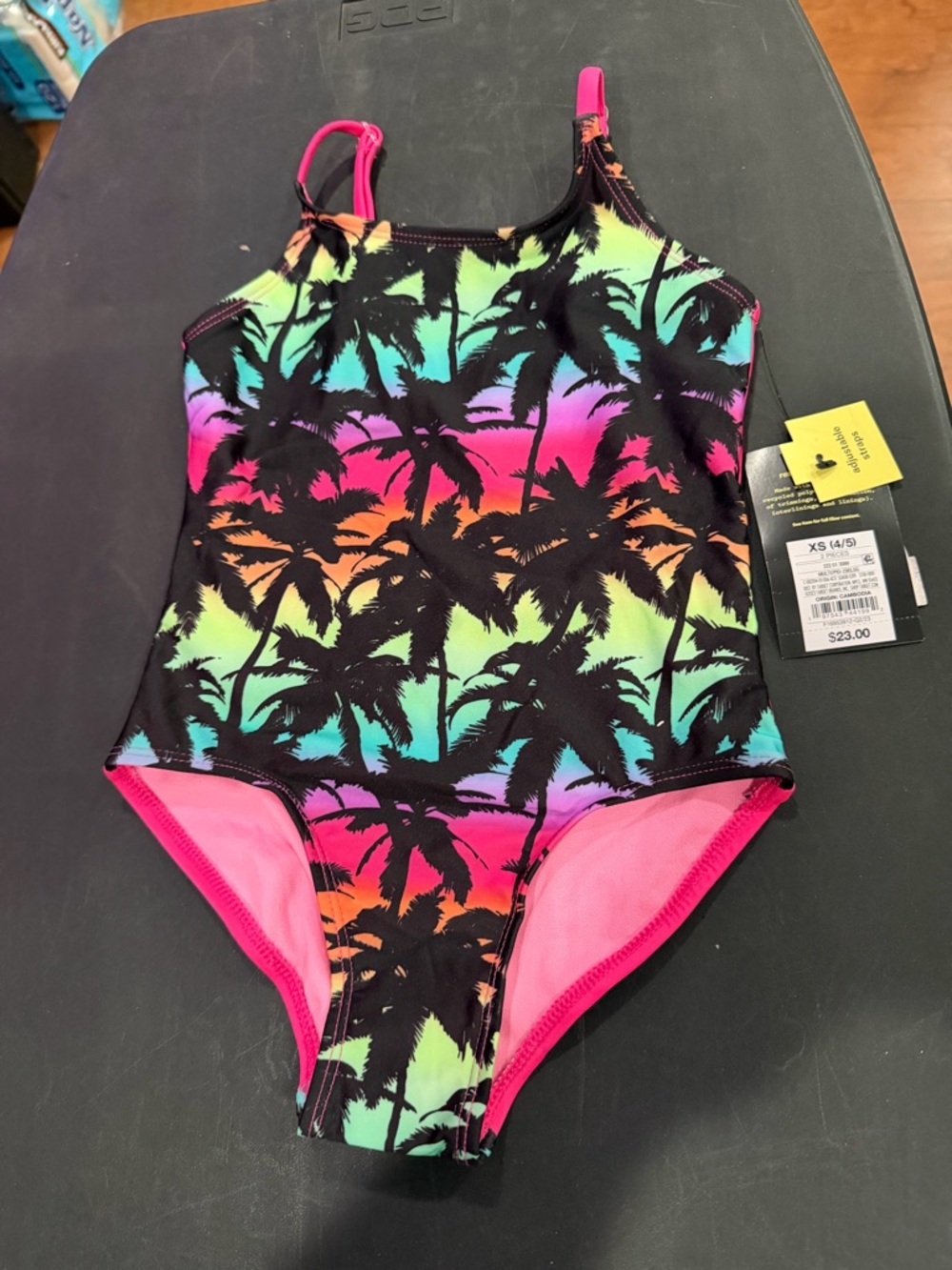 Target Kids One-Piece Swimsuit - Neon Rainbow Palm Print with Pink Trim